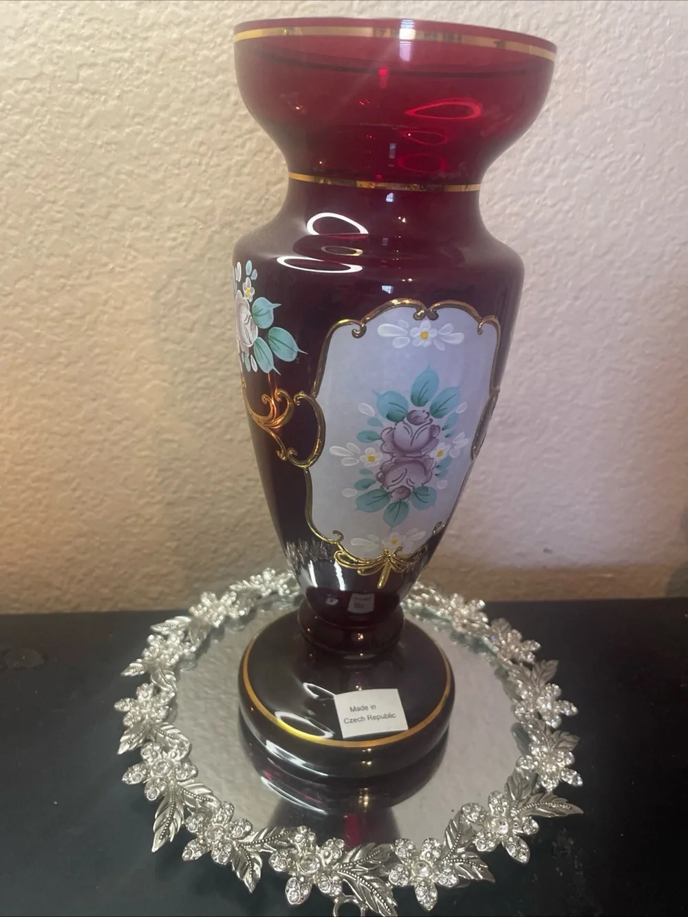 Gorgeous Bohemian Czech Republic Gilted Cranberry Glass 9” Royal Vase